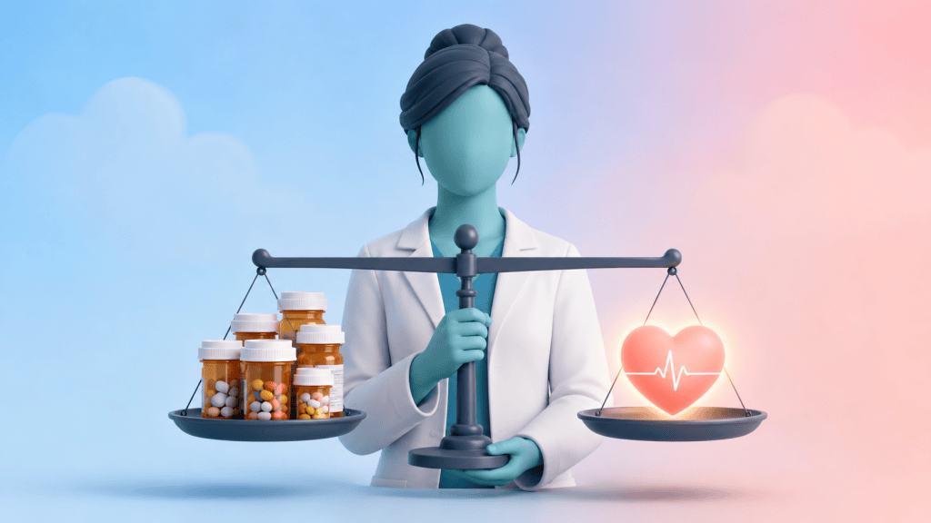 A figure balancing a scale between multiple pill bottles and a single health icon, illustrating the goal of optimising treatment benefit over medication quantity.