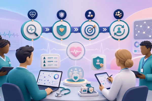 Primary Care Network clinicians coordinating atrial fibrillation case-finding, risk review, anticoagulation safety and follow-up across practices.