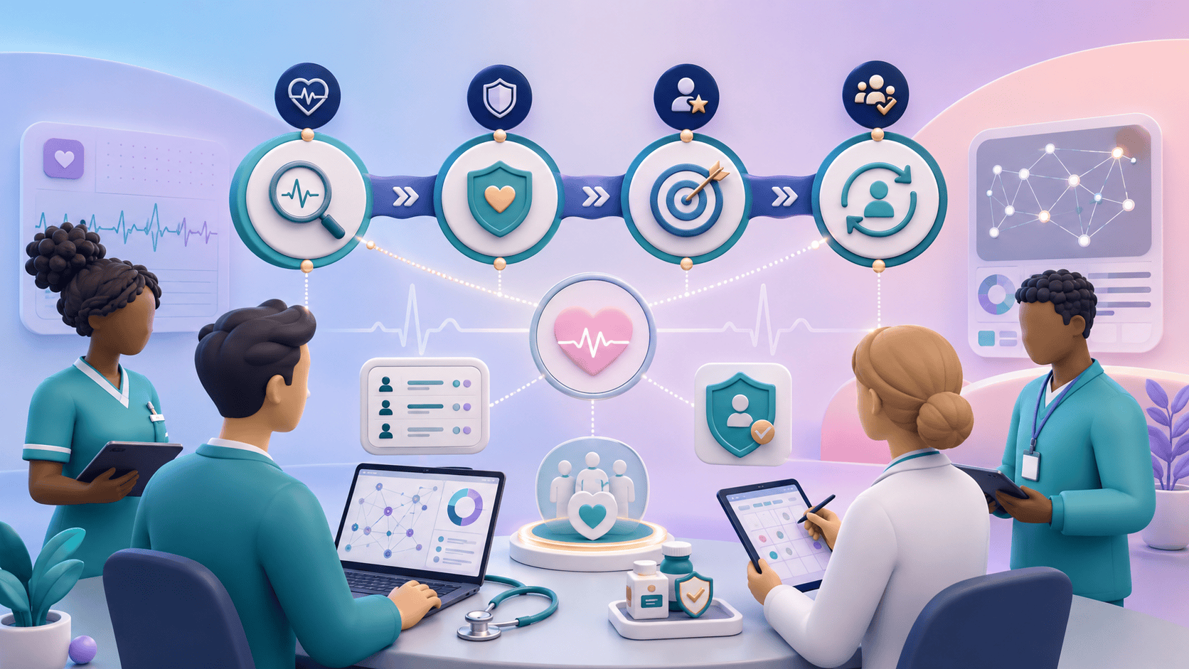 Primary Care Network clinicians coordinating atrial fibrillation case-finding, risk review, anticoagulation safety and follow-up across practices.
