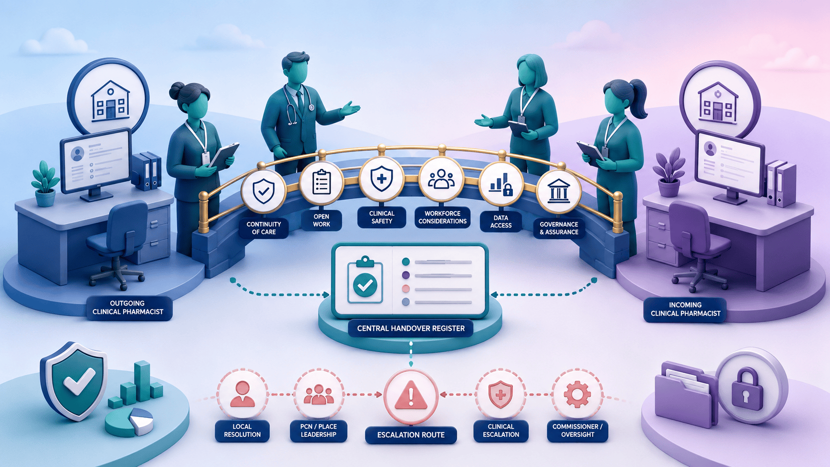 PCN leaders coordinating a safe clinical pharmacy service transition with a handover register, named owners, escalation routes and continuity controls.