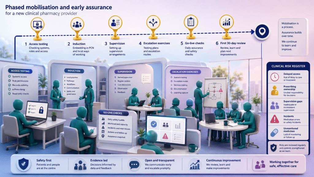 Clinical pharmacy teams testing system access, induction, supervision, escalation and early reporting during a phased PCN mobilisation.