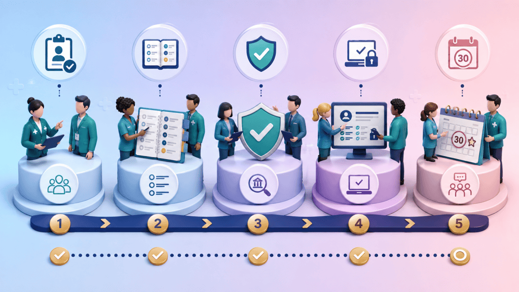 Five-stage clinical pharmacy service transition pathway covering accountable leads, open-work reconciliation, due diligence, mobilisation testing and 30-day review.