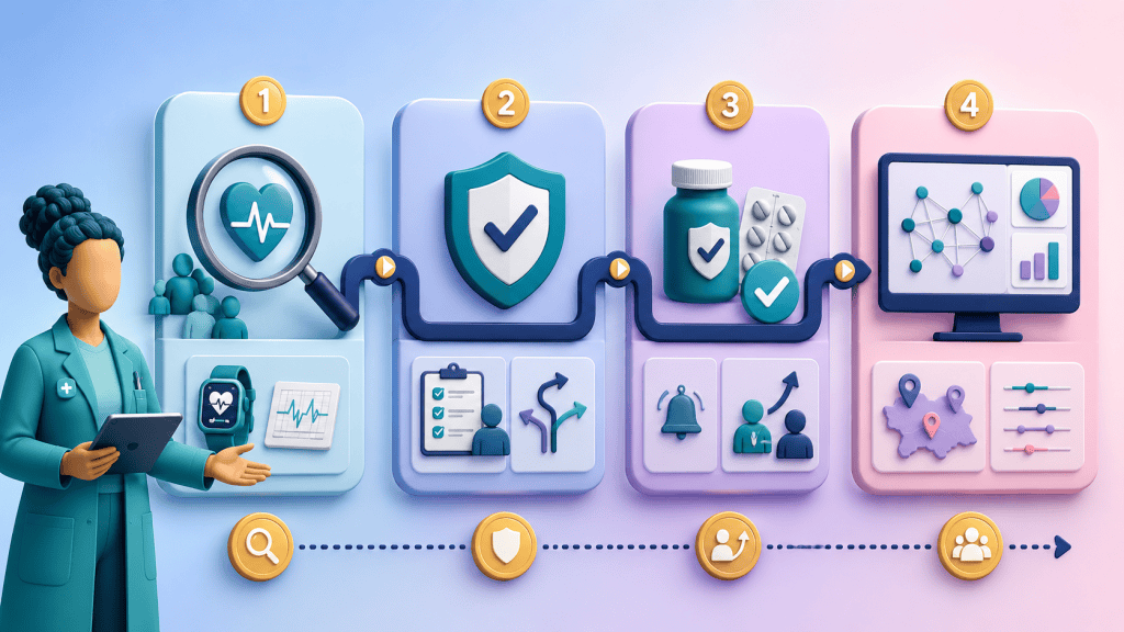Four-stage atrial fibrillation PCN pathway showing detect, protect, perfect and review stages for coordinated primary care follow-up.