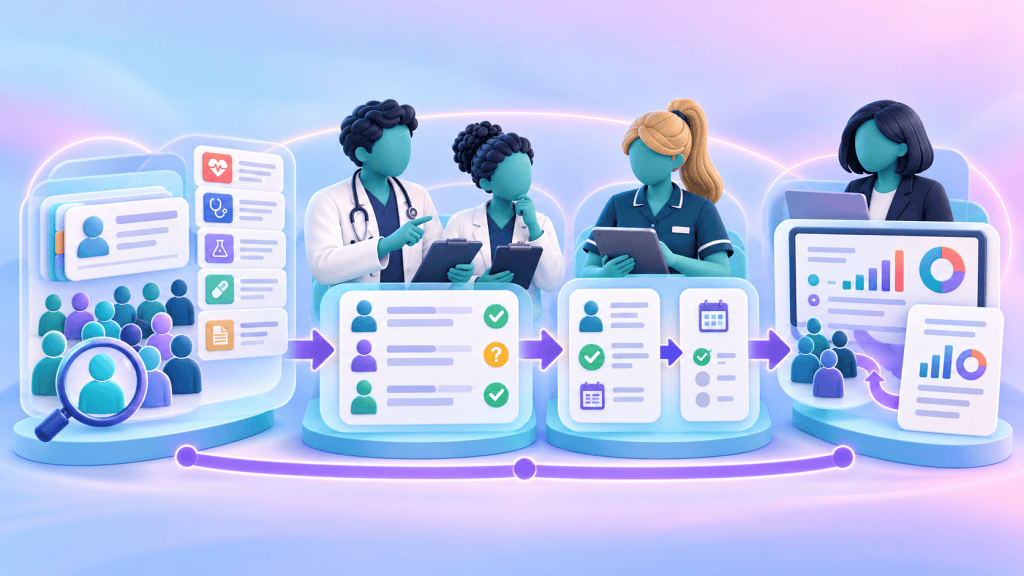 QOF workflow moving from an identified patient population through clinical review and recording to year-end reporting.