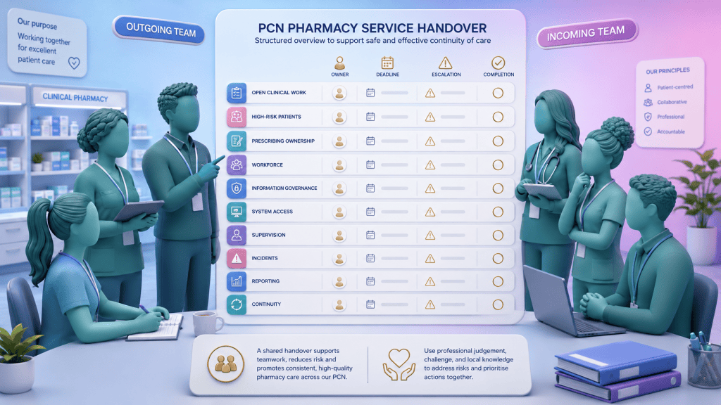 Outgoing and incoming pharmacy teams reviewing open clinical work, high-risk patient monitoring, system access, supervision, incidents and continuity.