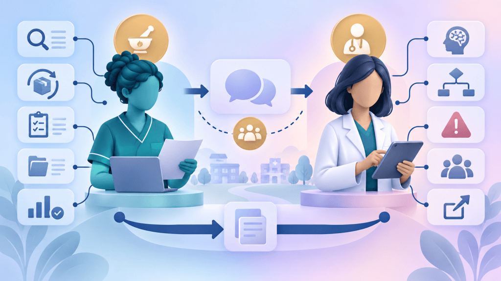 Pharmacy Technician and Clinical Pharmacist dividing medicines workflow, escalation and clinical decision-making responsibilities within a PCN.