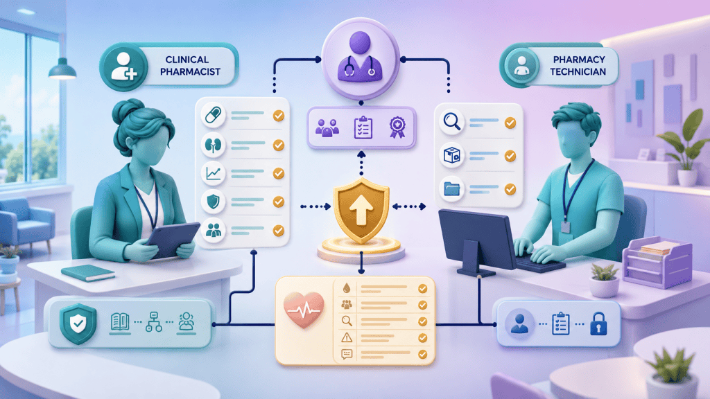 Clinical pharmacist and pharmacy technician coordinating anticoagulation optimisation, recalls, medicines checks and supervised escalation within a PCN.
