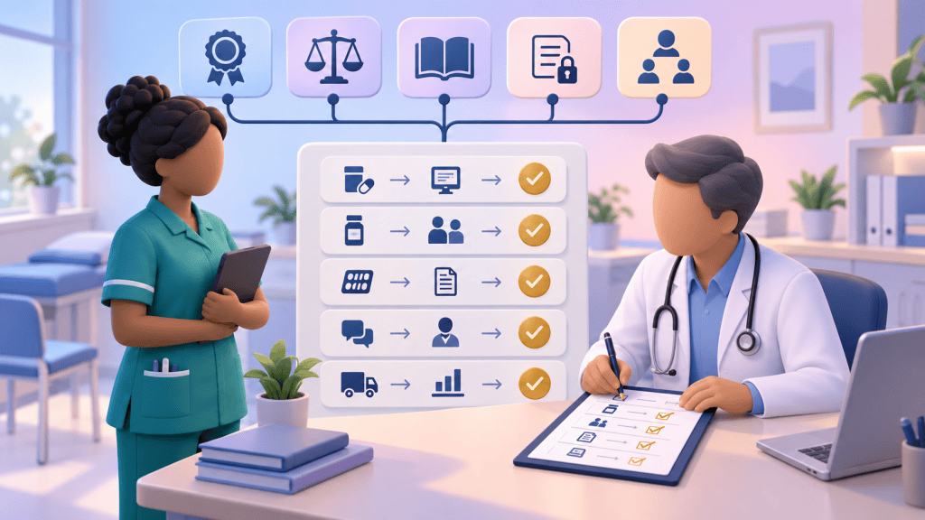 Pharmacy Technician and Clinical Pharmacist reviewing individual competencies, documented limits, supervision and scope of practice for remote medicines work.
