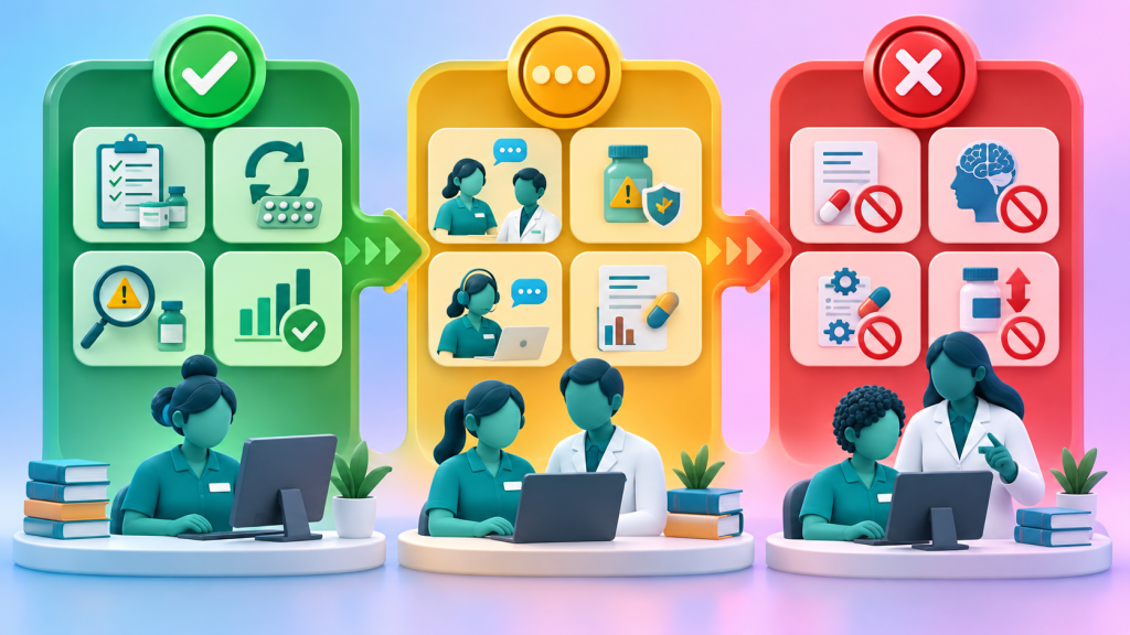 Green, amber and red delegation framework showing which medicines tasks a Pharmacy Technician may support and which require Clinical Pharmacist or prescriber oversight.