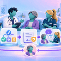 Clinician and patient moving through assessment, prescribing decision, authorisation, explanation and follow-up in a coordinated care pathway.