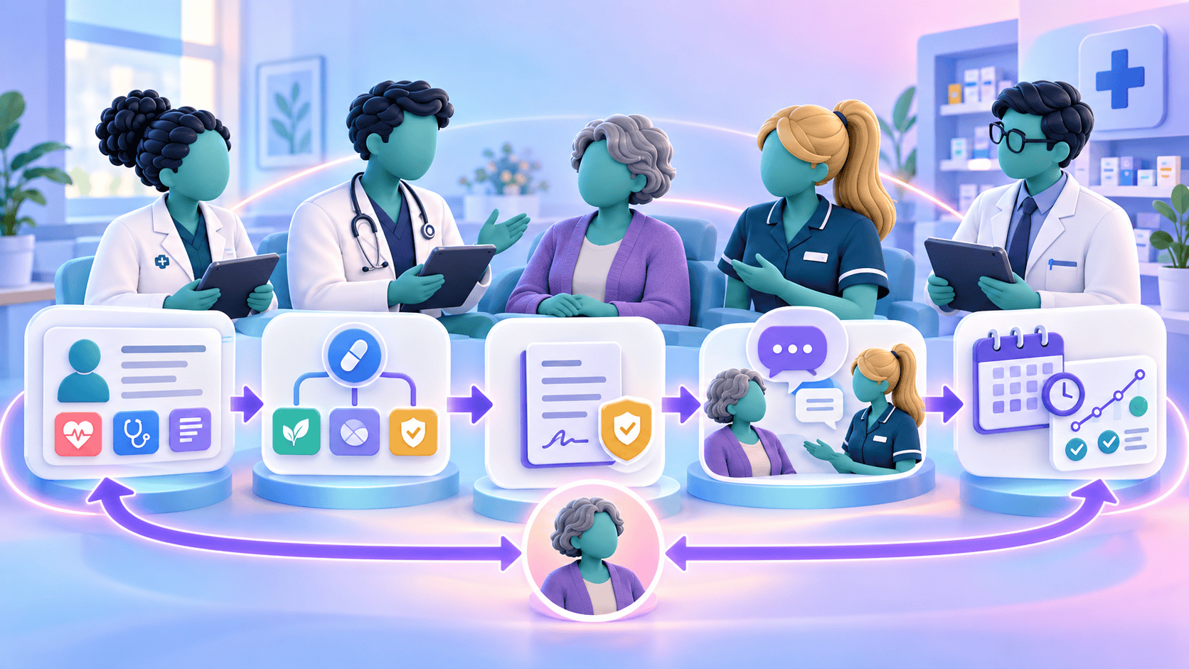 Clinician and patient moving through assessment, prescribing decision, authorisation, explanation and follow-up in a coordinated care pathway.