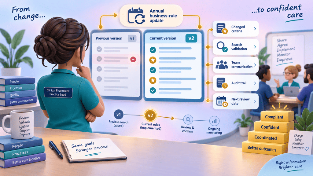 GP practice team updating QOF search logic after a business-rule change and recording the applicable rule version and next review date.