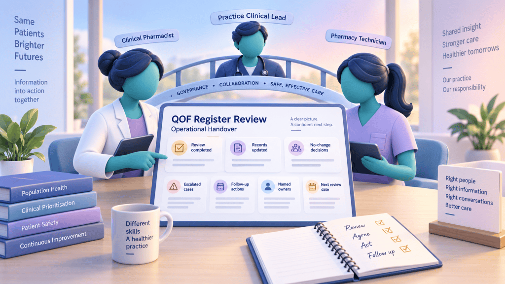 Clinical pharmacy and practice teams reviewing QOF register progress, unresolved actions, named owners, follow-up status and handover requirements.