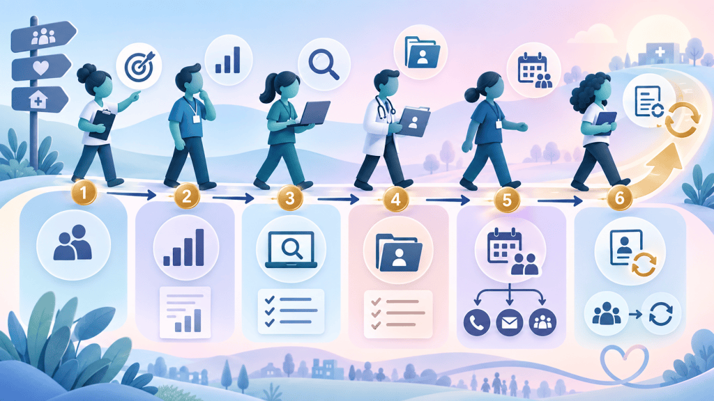 Six-stage QOF register management pathway covering scope, baseline, reproducible searches, record review, follow-up and reporting.
