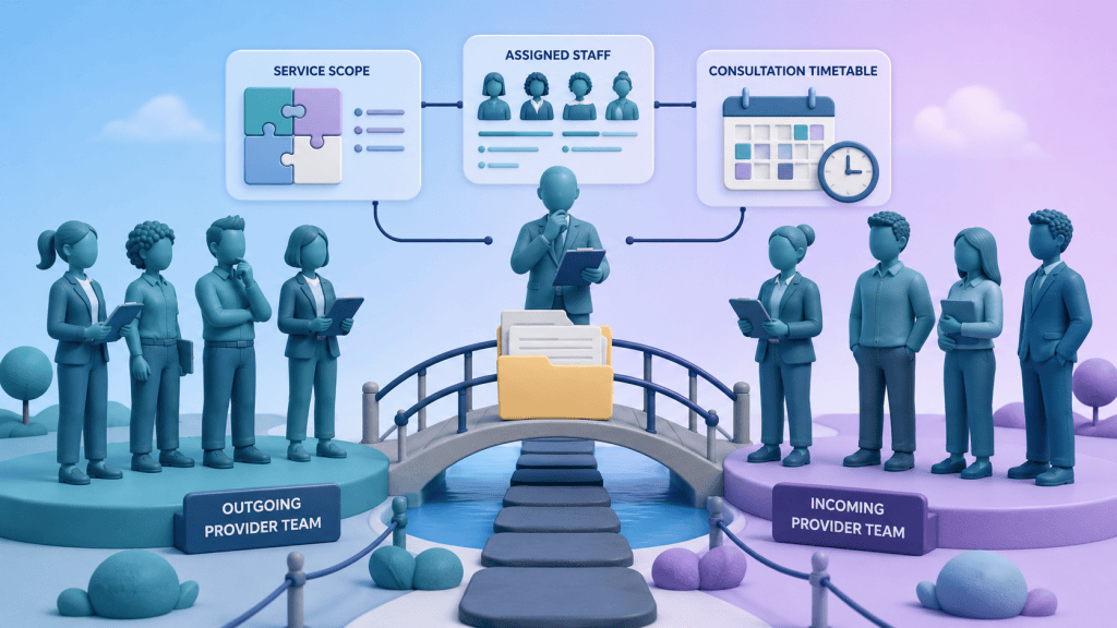 Outgoing and incoming clinical pharmacy providers reviewing service scope, assigned staff and consultation requirements during a potential TUPE service provision change.