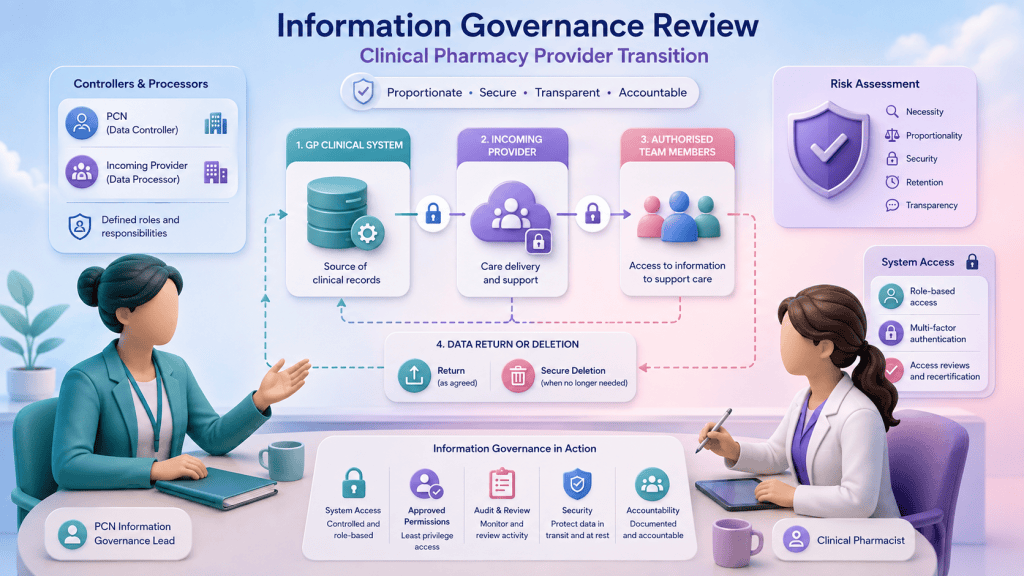 PCN information-governance professionals reviewing data flows, system access, controllers, processors and risk controls during a provider change.