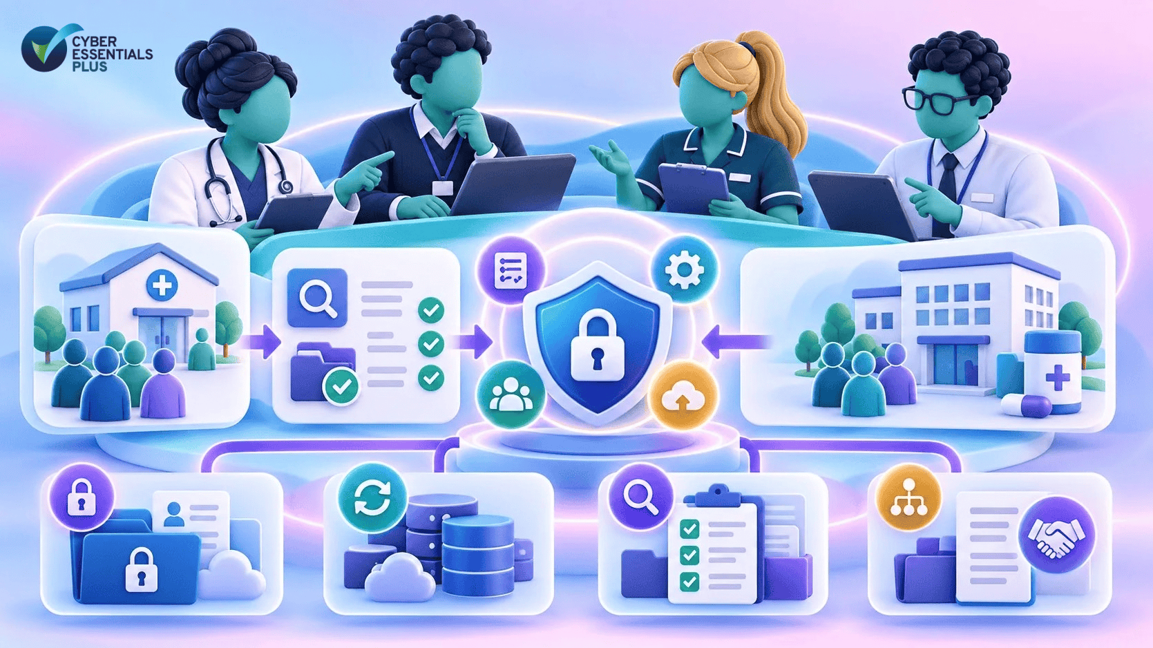 Healthcare team discussing digital health data and security in primary care.