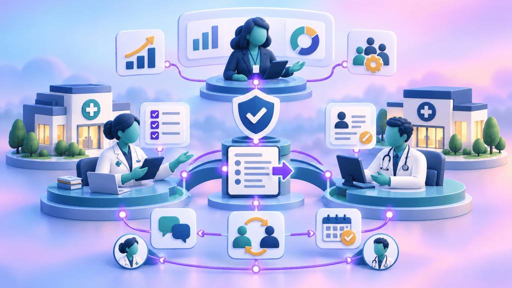 Pharmacist, GP and commissioner connected through clear clinical accountability, handover, escalation and follow-up ownership.
