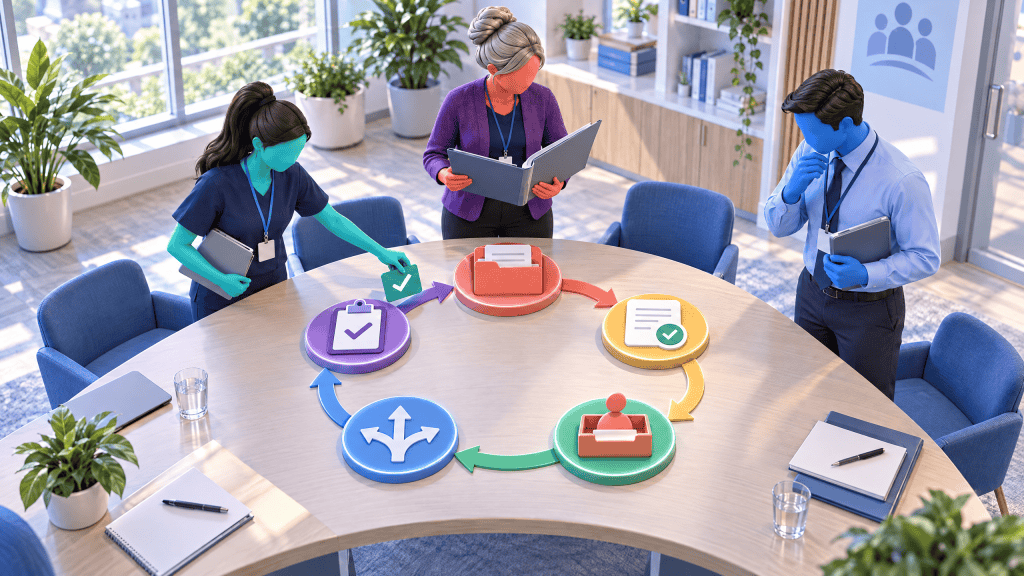 Five-step contract review checklist covering governing documents, clinical completion, unresolved actions, escalation and verified improvement.