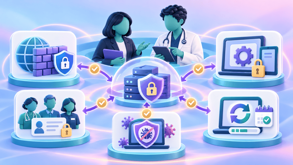 Five security-control modules protecting a supplier system through network security, configuration, access control, malware defence and updates.