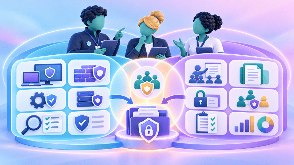 Separate but connected Cyber Essentials Plus and DSPT frameworks showing technical security controls alongside broader information-governance requirements.