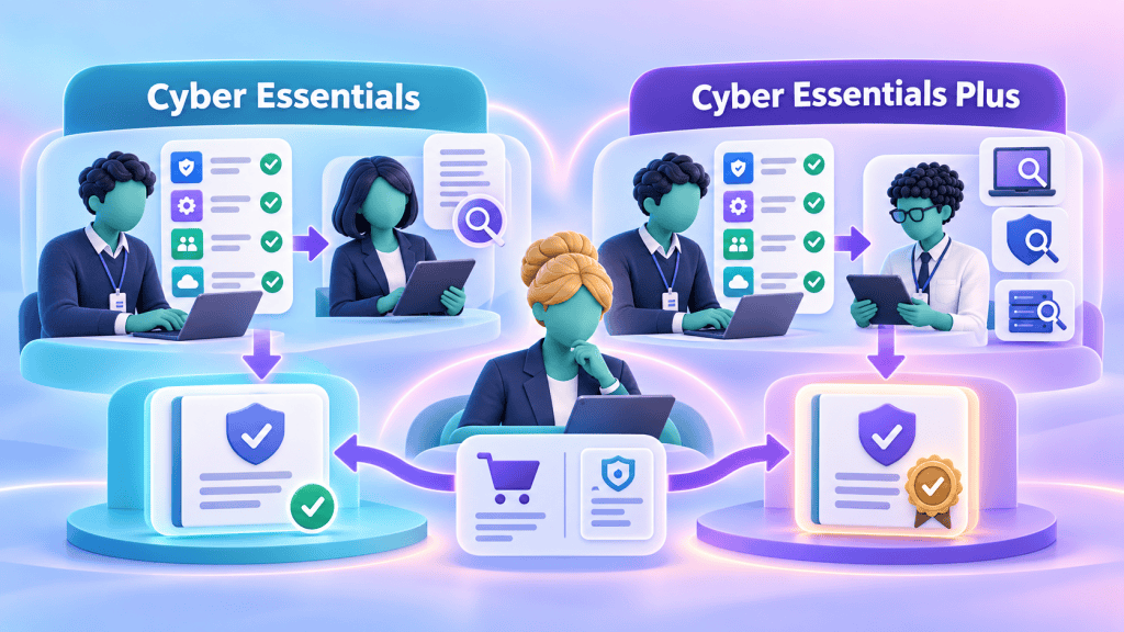 Side-by-side comparison of standard Cyber Essentials self-assessment and Cyber Essentials Plus independent technical testing.