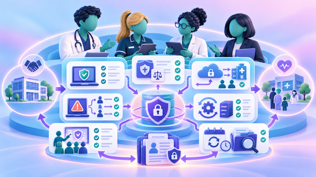 Clinical supplier team combining cyber controls, information governance, incident response and business continuity within an NHS assurance framework.