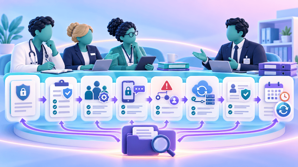 GP practice team reviewing supplier evidence for cyber certification, DSPT, access controls, incident response, continuity and data processing.
