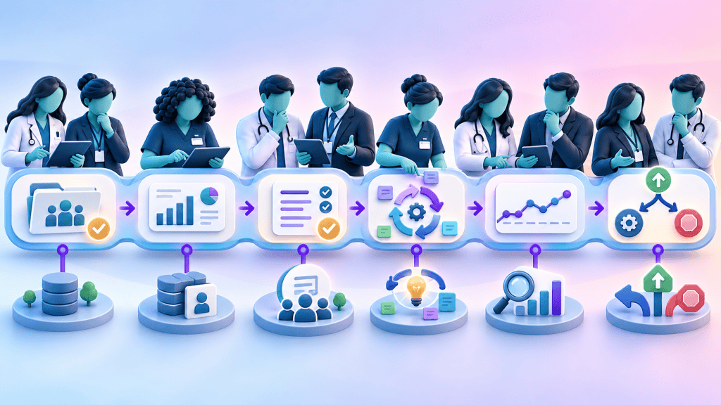 Six-stage pharmacy pilot pathway moving from workstream definition and baseline measurement through testing, review and an expand-adapt-stop decision.