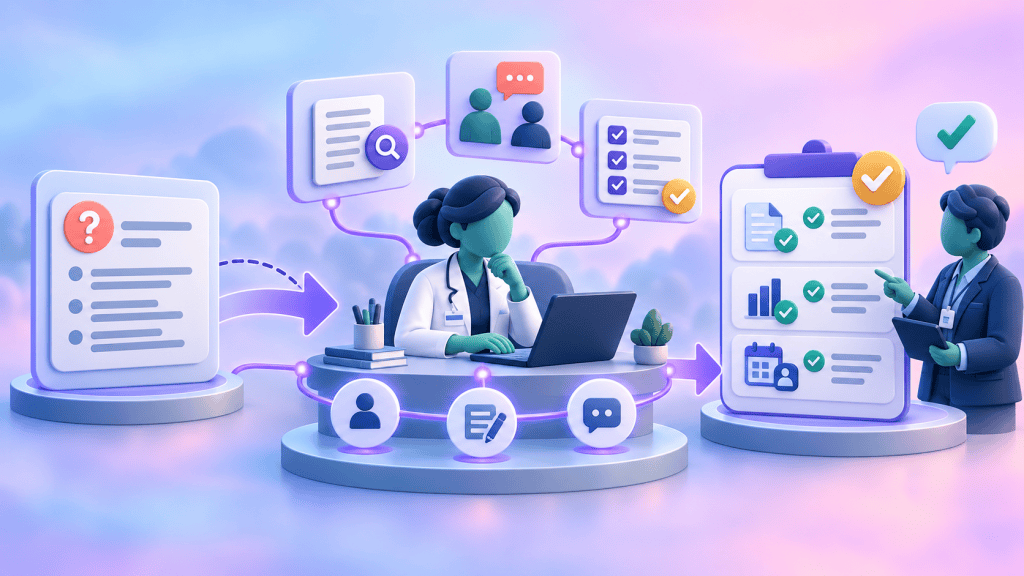 Clinical pharmacist and commissioner checking documented completion evidence and follow-up ownership for a pharmacy service deliverable.
