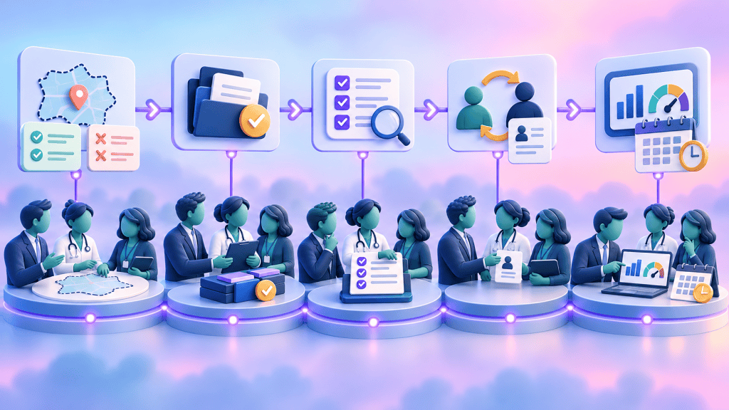Five-stage pharmacy specification pathway covering scope, deliverables, acceptance criteria, responsibilities and service monitoring.