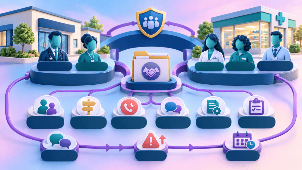 GP practice and pharmacy-service team linked through safeguarding leads, referral routes, information sharing and shared governance responsibilities.
