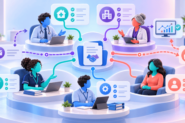 GP practice, specialist service and external pharmacy team connected through a shared care agreement with named prescribing, monitoring and escalation responsibilities.