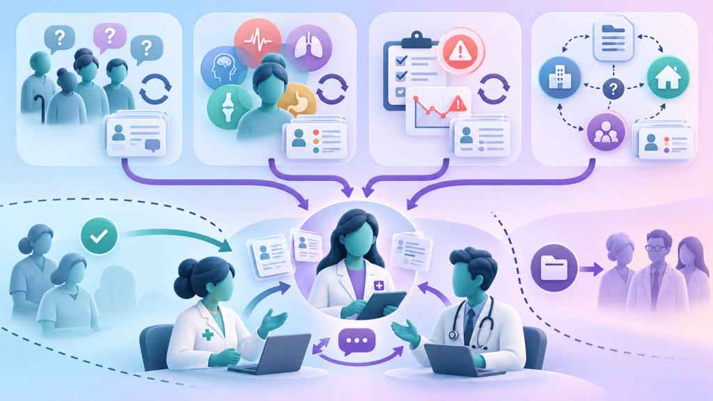 Specialist pharmacist, GP and PCN pharmacist reviewing complex cases, multimorbidity and repeated escalation patterns beyond the team’s current scope.